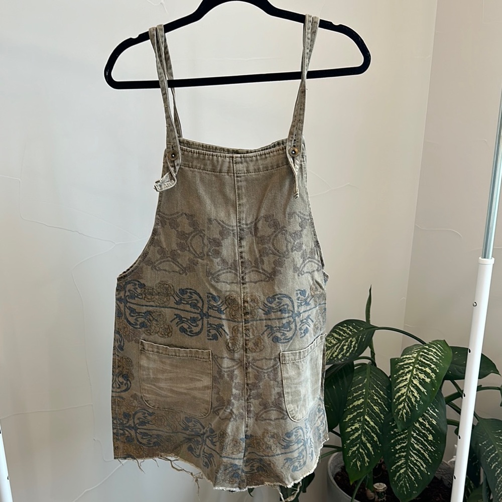 Vintage-Inspired Tan Printed Denim Overall Dress